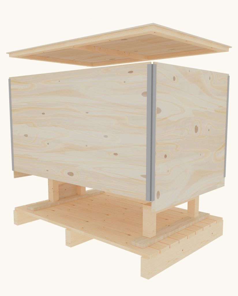 Imballaggi industriali in legno - rendering esploso di una cassa in legno per gli imballaggi industriali